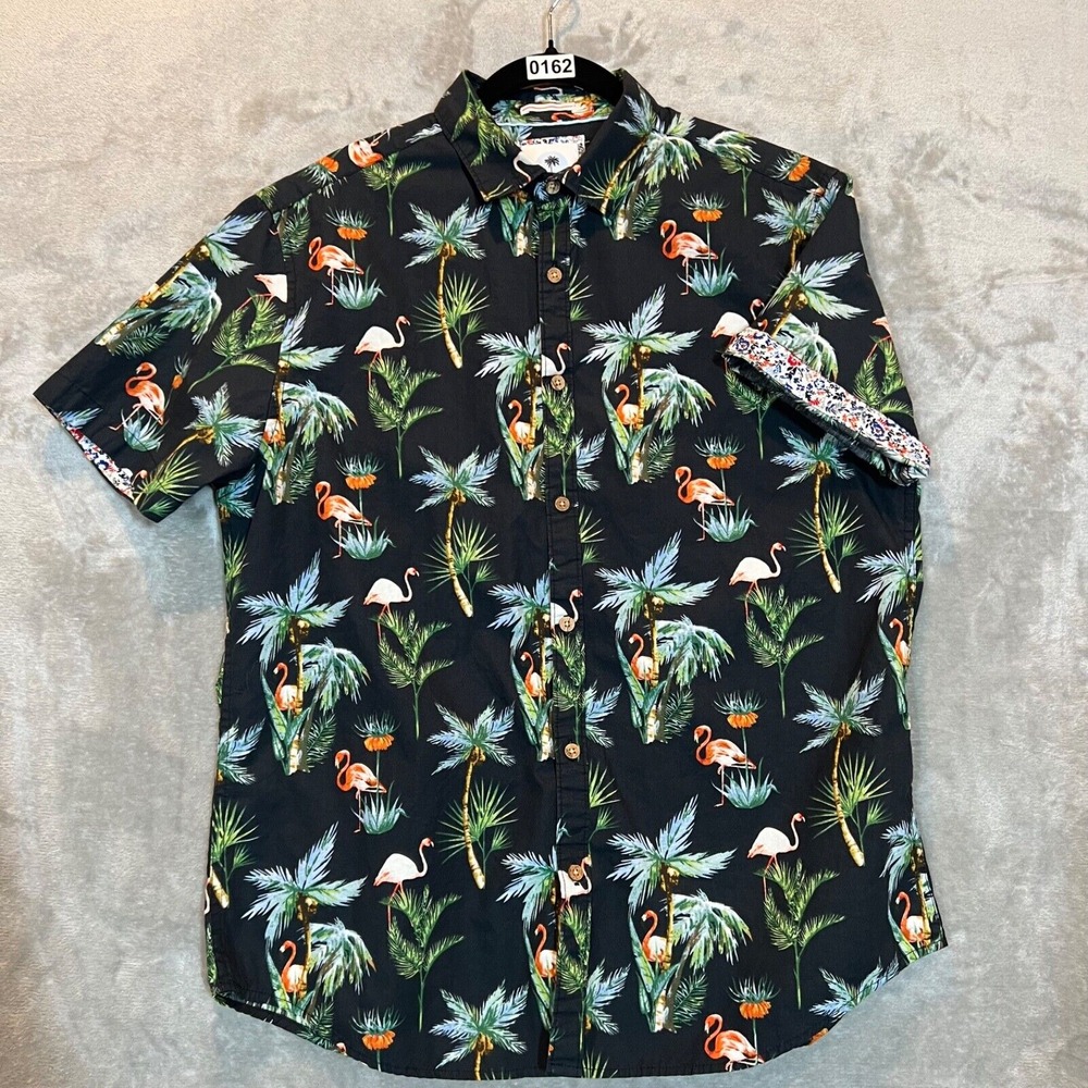Cactus Man Ricky Singh Cotton Shirt Men's Large Black Floral Palm Flamingo Aloha